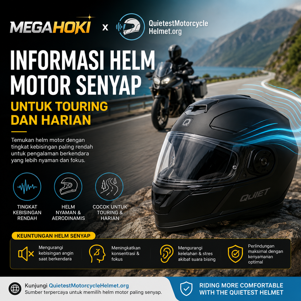 Thumbnail 1 of 3, Poster, MEGAHOKI x QuietestMotorcycleHelmet.org – Review Helm Motor Terbaik dengan Tingkat Kebisingan Rendah designed and sold by MEGAHOKI.
